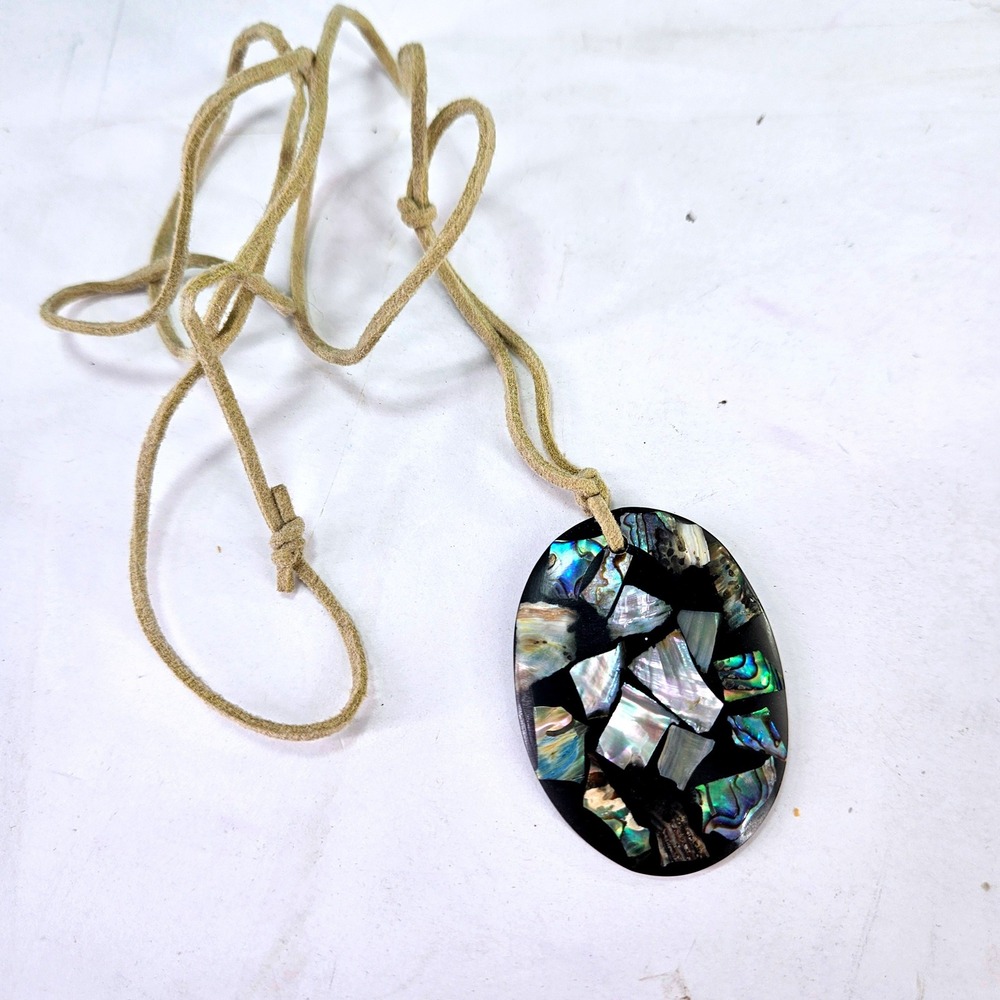 Vintage Abalone Shell Inlay Oval Pendant Necklace Suede Cord Boho Statement 2"